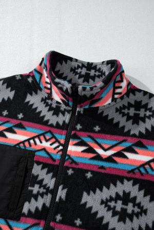 Women's Fleece Jacket with Geometric Aztec Print and Zipper