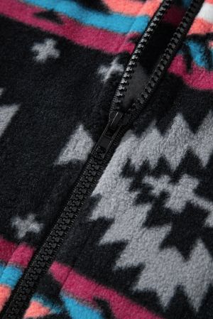 Women's Fleece Jacket with Geometric Aztec Print and Zipper