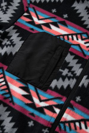 Women's Fleece Jacket with Geometric Aztec Print and Zipper