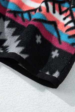 Women's Fleece Jacket with Geometric Aztec Print and Zipper