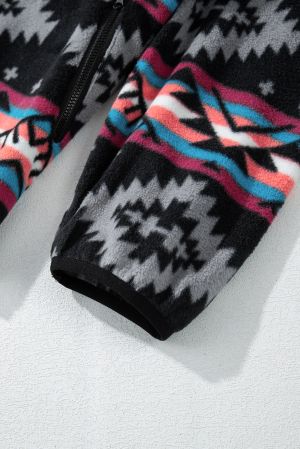Women's Fleece Jacket with Geometric Aztec Print and Zipper