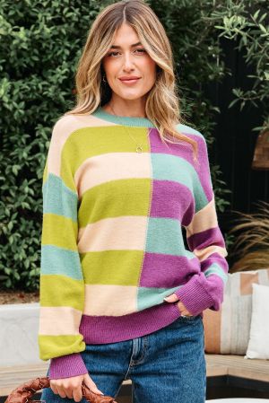 Women's Colorful Knit Sweater with Wide Stripes