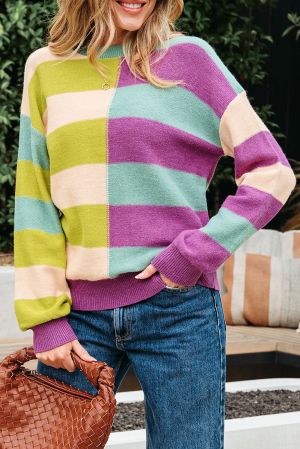 Women's Colorful Knit Sweater with Wide Stripes