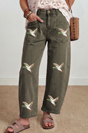 Women's Cotton Wide-Leg Jeans with Duck Print