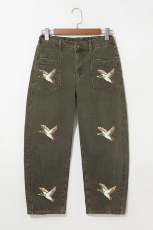 Women's Cotton Wide-Leg Jeans with Duck Print