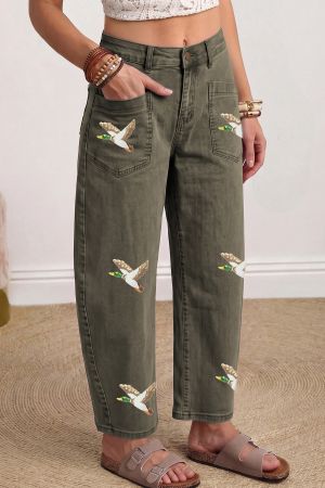Women's Cotton Wide-Leg Jeans with Duck Print