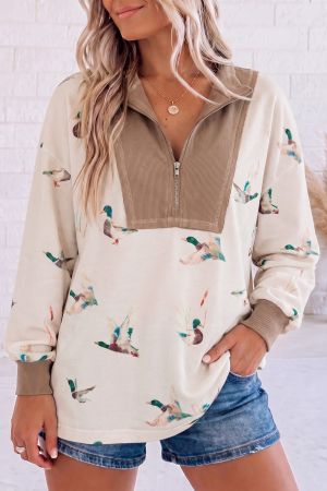 Women's Half-Zip Sweatshirt with Duck Print