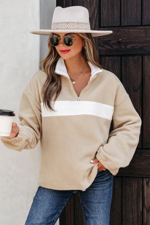 Women's Fluffy Quarter-Zip Sweatshirt with High Collar and White Contrast Panel
