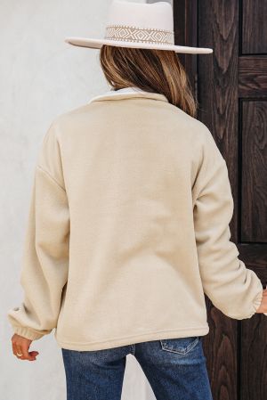 Women's Fluffy Quarter-Zip Sweatshirt with High Collar and White Contrast Panel