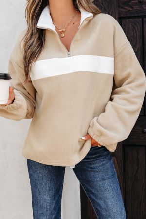 Women's Fluffy Quarter-Zip Sweatshirt with High Collar and White Contrast Panel