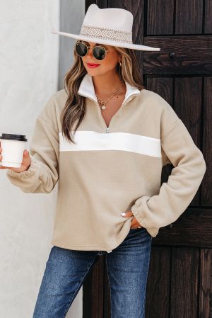 Women's Fluffy Quarter-Zip Sweatshirt with High Collar and White Contrast Panel