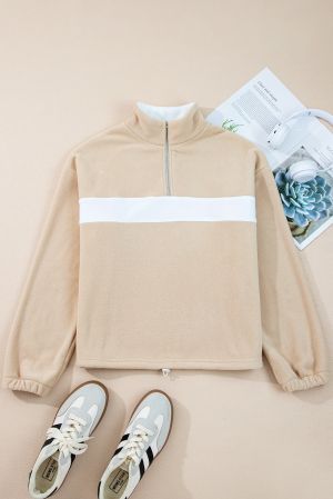 Women's Fluffy Quarter-Zip Sweatshirt with High Collar and White Contrast Panel