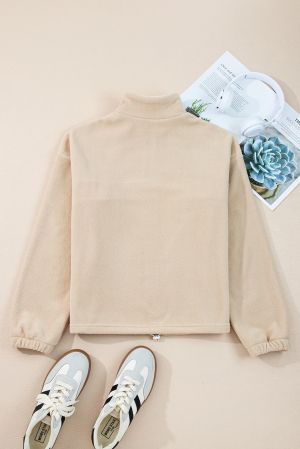 Women's Fluffy Quarter-Zip Sweatshirt with High Collar and White Contrast Panel