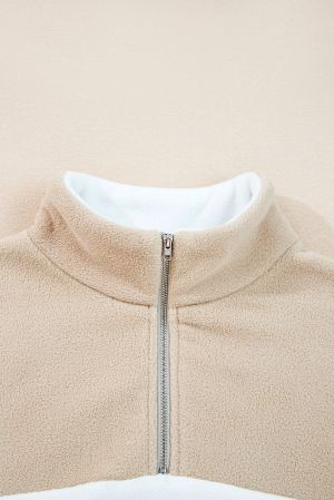 Women's Fluffy Quarter-Zip Sweatshirt with High Collar and White Contrast Panel