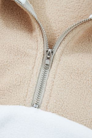 Women's Fluffy Quarter-Zip Sweatshirt with High Collar and White Contrast Panel