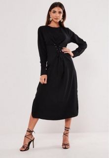 Дамска черна рокля с дълъг ръкав и  връзки-корсет