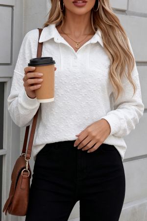 Women's White Textured Floral Sweatshirt with Button Collar