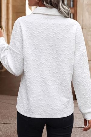 Women's White Textured Floral Sweatshirt with Button Collar