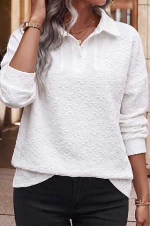 Women's White Textured Floral Sweatshirt with Button Collar