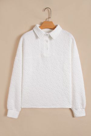 Women's White Textured Floral Sweatshirt with Button Collar