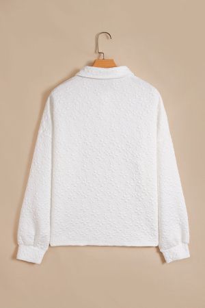 Women's White Textured Floral Sweatshirt with Button Collar