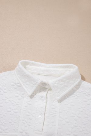Women's White Textured Floral Sweatshirt with Button Collar