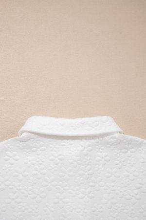 Women's White Textured Floral Sweatshirt with Button Collar