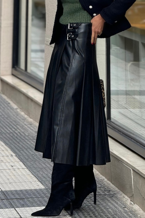Women's Black Faux Leather Midi Skirt with Decorative Buckles