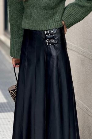 Women's Black Faux Leather Midi Skirt with Decorative Buckles