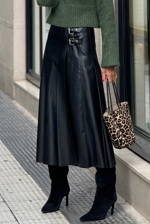 Women's Black Faux Leather Midi Skirt with Decorative Buckles