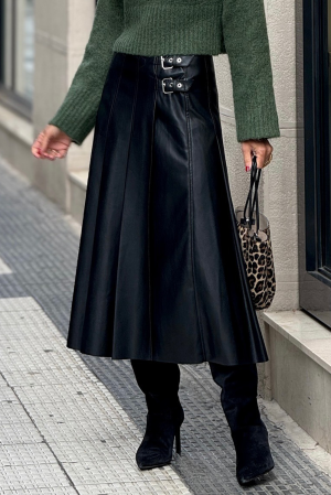 Women's Black Faux Leather Midi Skirt with Decorative Buckles