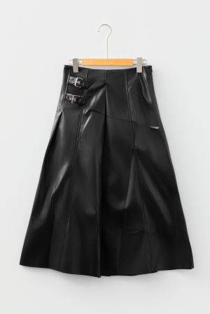 Women's Black Faux Leather Midi Skirt with Decorative Buckles