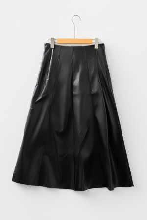 Women's Black Faux Leather Midi Skirt with Decorative Buckles