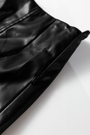 Women's Black Faux Leather Midi Skirt with Decorative Buckles