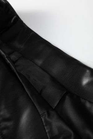 Women's Black Faux Leather Midi Skirt with Decorative Buckles