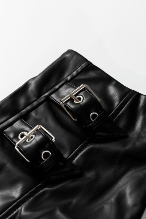 Women's Black Faux Leather Midi Skirt with Decorative Buckles