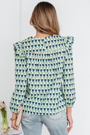 Women's Cotton Floral Print Blouse with Ruffled Shoulders