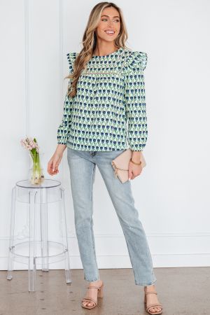 Women's Cotton Floral Print Blouse with Ruffled Shoulders
