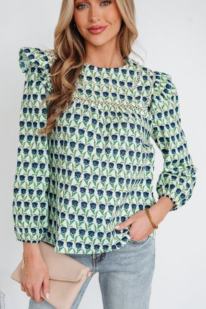 Women's Cotton Floral Print Blouse with Ruffled Shoulders