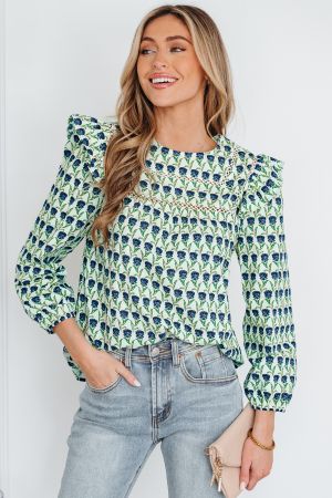 Women's Cotton Floral Print Blouse with Ruffled Shoulders