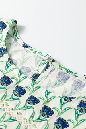 Women's Cotton Floral Print Blouse with Ruffled Shoulders
