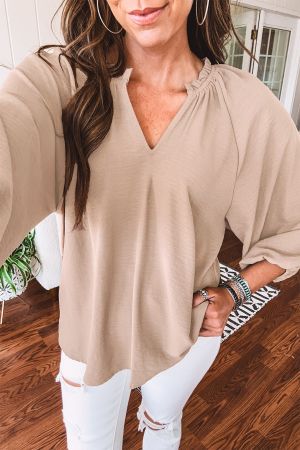Women's Beige Blouse with V-Neckline and Gathered Details