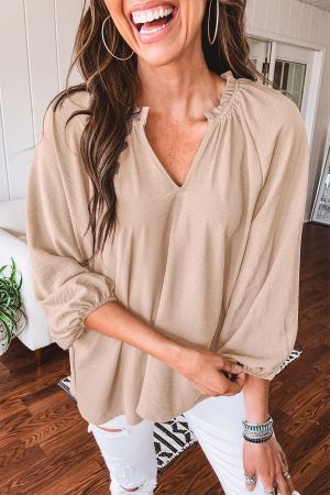 Women's Beige Blouse with V-Neckline and Gathered Details