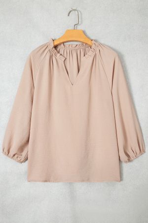 Women's Beige Blouse with V-Neckline and Gathered Details