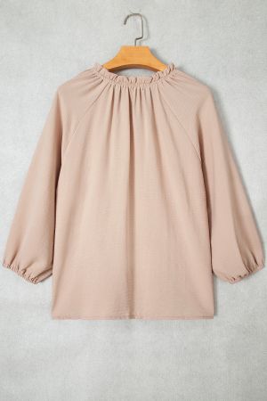 Women's Beige Blouse with V-Neckline and Gathered Details