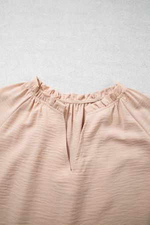Women's Beige Blouse with V-Neckline and Gathered Details