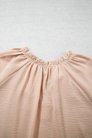 Women's Beige Blouse with V-Neckline and Gathered Details