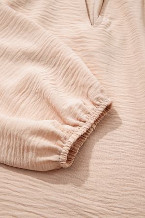 Women's Beige Blouse with V-Neckline and Gathered Details