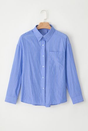 Women's Blue and White Striped Relaxed Fit Long Sleeve Shirt