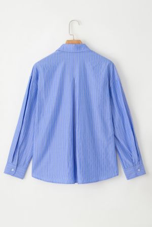 Women's Blue and White Striped Relaxed Fit Long Sleeve Shirt
